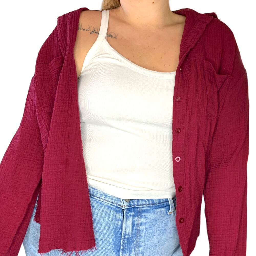 Maroon Red Muslin Distressed Slouchy Button Up Top Plus